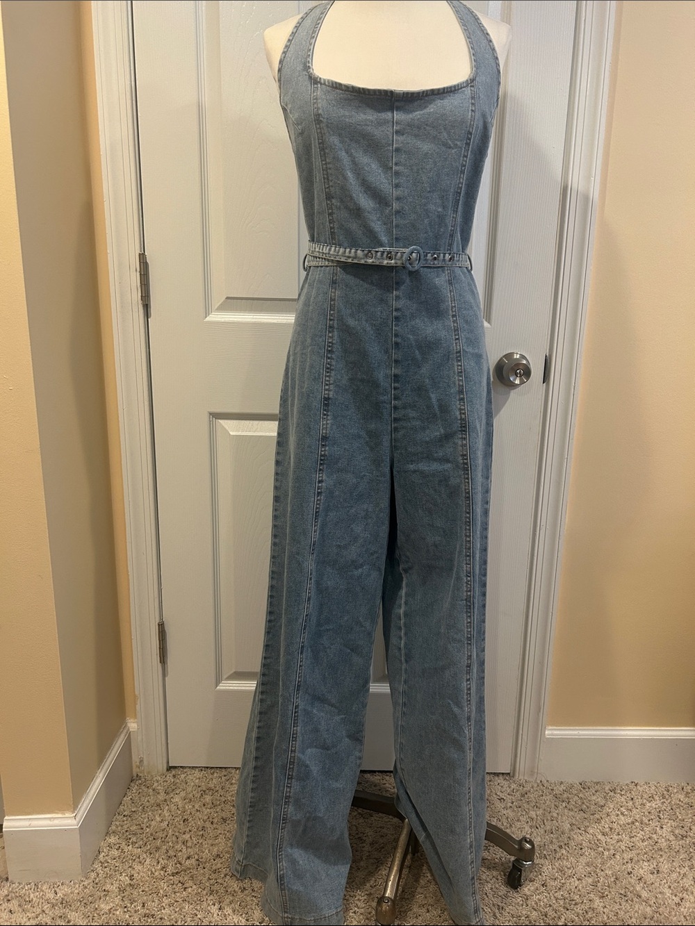 Vici Light Blue Denim Halter Wide-Leg Jumpsuit with Belt